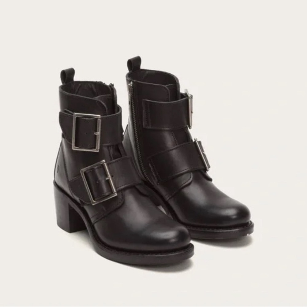 Frye Sabrina Double Buckle Black Leather Ankle Boots
